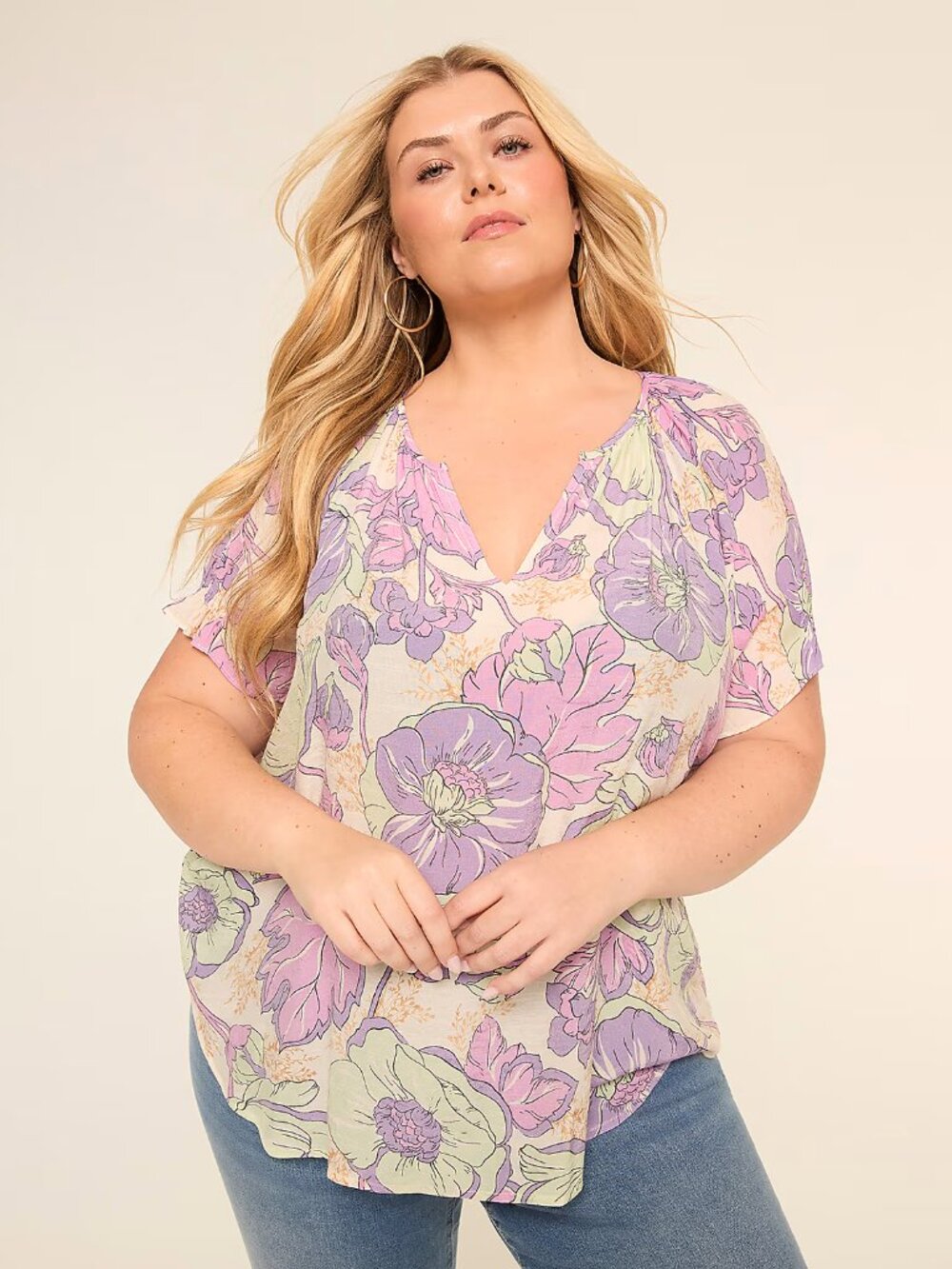 Lane Bryant Blouse Womens 14/16 Short Sleeve Notch Neck Popover Purple Floral